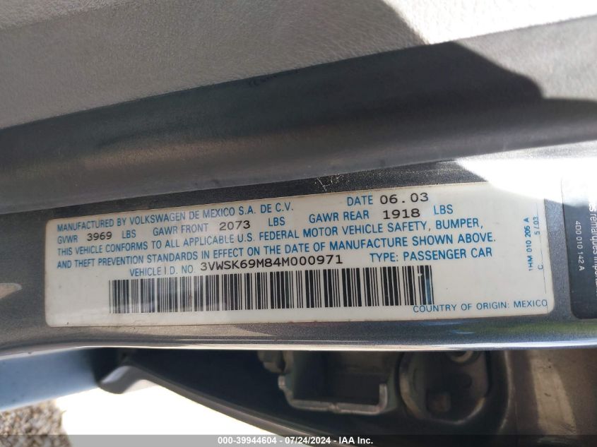 2004 Volkswagen Jetta Gls 2.0L VIN: 3VWSK69M84M000971 Lot: 39944604
