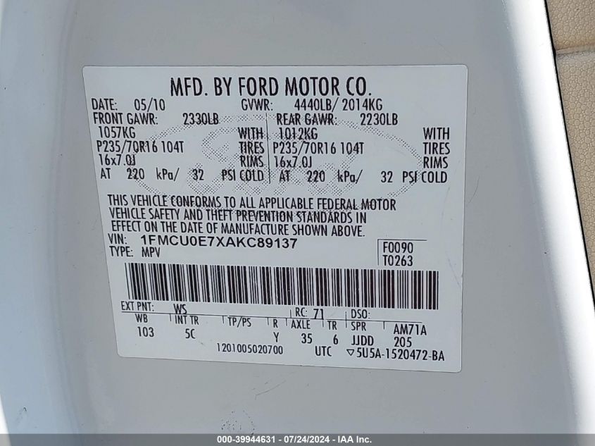 2010 Ford Escape Limited VIN: 1FMCU0E7XAKC89137 Lot: 39944631