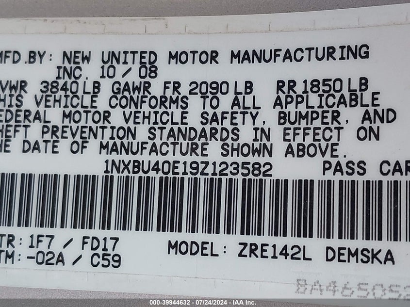 2009 Toyota Corolla S VIN: 1NXBU40E19Z123582 Lot: 39944632