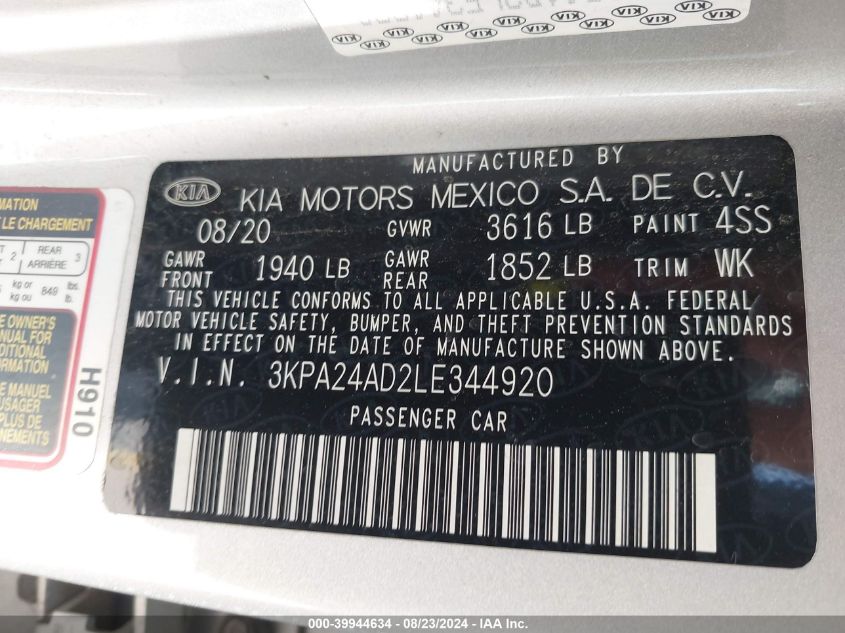 2020 Kia Rio S VIN: 3KPA24AD2LE344920 Lot: 39944634