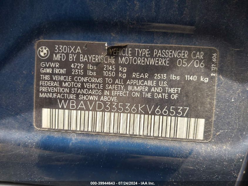 2006 BMW 330Xi VIN: WBAVD33536KV66537 Lot: 39944643