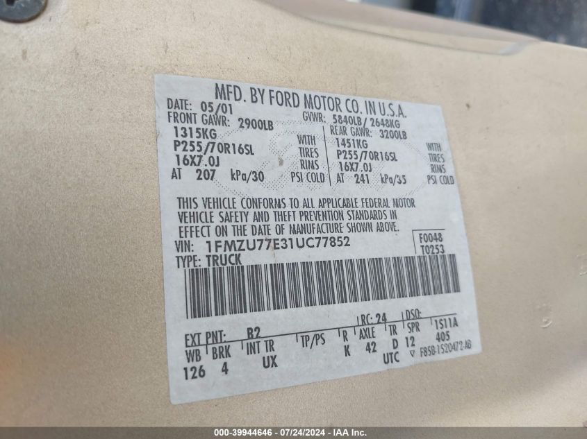 2001 Ford Explorer Sport Trac VIN: 1FMZU77E31UC77852 Lot: 39944646