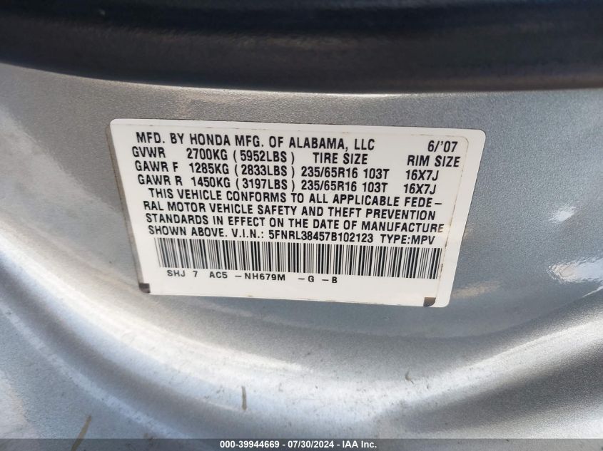 2007 Honda Odyssey Ex VIN: 5FNRL38457B102123 Lot: 39944669