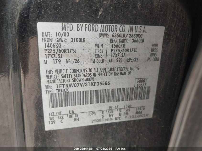 2001 Ford F150 Supercrew VIN: 1FTRW07W31KF35586 Lot: 39944681