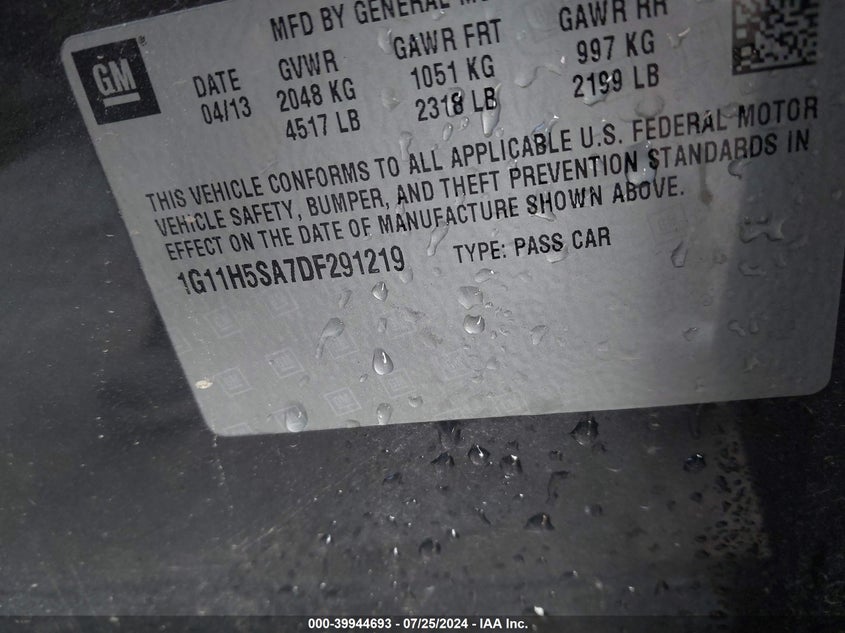 2013 Chevrolet Malibu Ltz VIN: 1G11H5SA7DF291219 Lot: 39944693