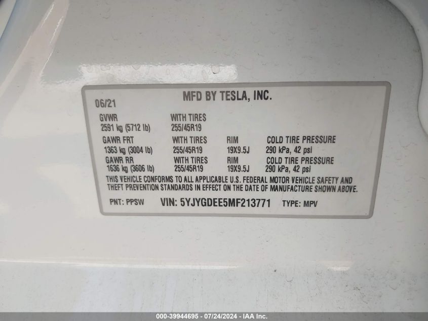 2021 Tesla Model Y Long Range Dual Motor All-Wheel Drive VIN: 5YJYGDEE5MF213771 Lot: 39944695