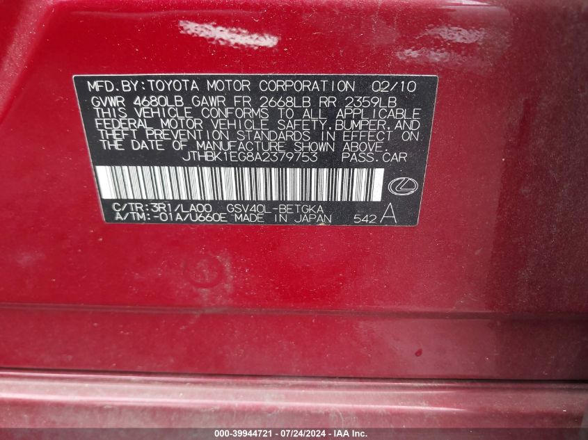 2010 Lexus Es 350 VIN: JTHBK1EG8A2379753 Lot: 39944721