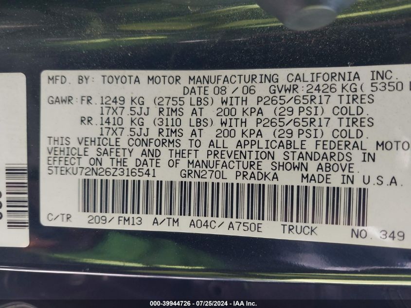 2006 Toyota Tacoma Prerunner V6 VIN: 5TEKU72N26Z316541 Lot: 39944726