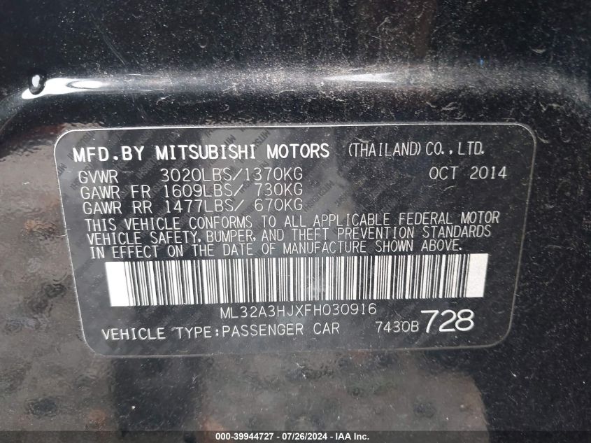 2015 Mitsubishi Mirage De VIN: ML32A3HJXFH030916 Lot: 39944727