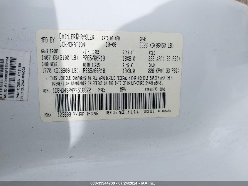 2007 Dodge Durango Slt VIN: 1D8HD48P47F516872 Lot: 39944739