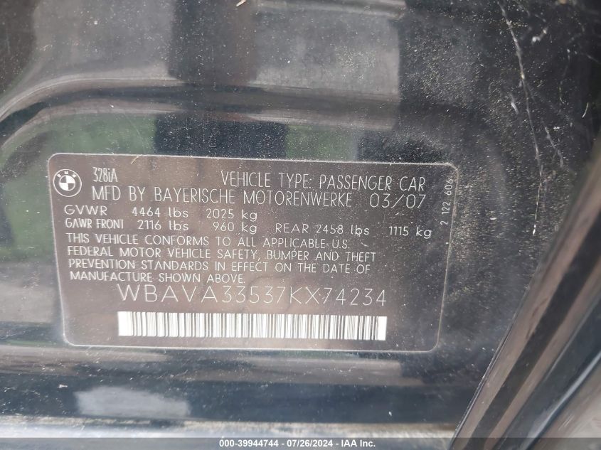 2007 BMW 328 I VIN: WBAVA33537KX74234 Lot: 39944744