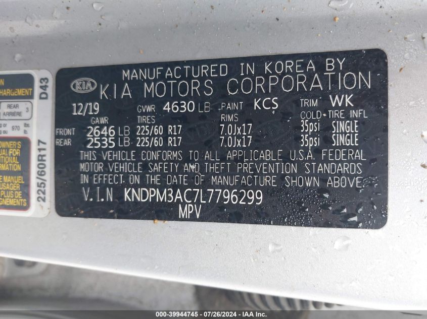 KNDPM3AC7L7796299 2020 Kia Sportage Lx