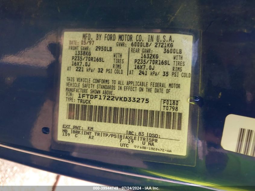 1997 Ford F-150 Standard/Xl/Xlt VIN: 1FTDF1722VKD33275 Lot: 39944749