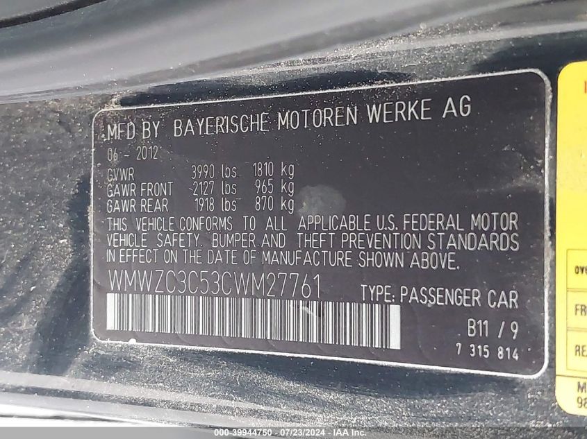 2012 Mini Cooper S Countryman VIN: WMWZC3C53CWM27761 Lot: 39944750