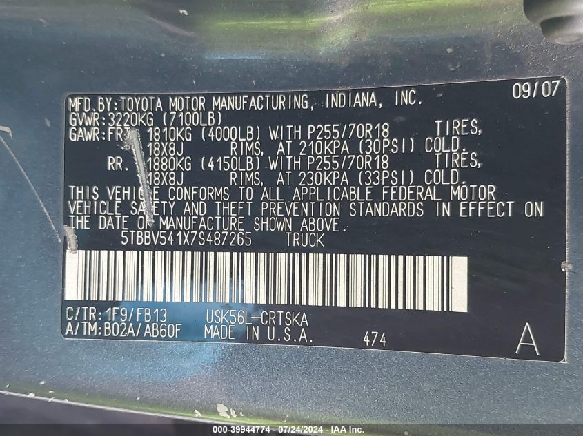 2007 Toyota Tundra Double Cab Sr5 VIN: 5TBBV541X7S487265 Lot: 39944774