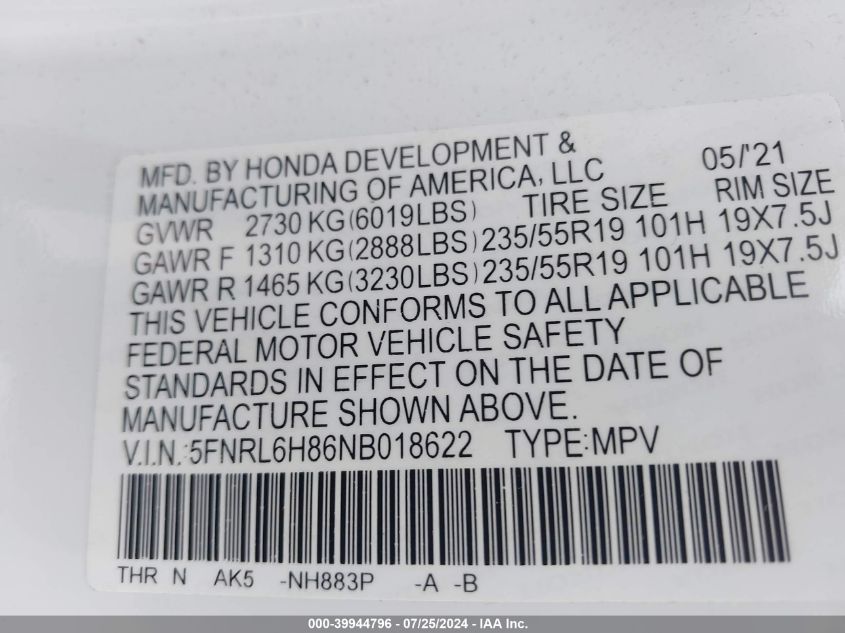 2022 Honda Odyssey Touring VIN: 5FNRL6H86NB018622 Lot: 39944796