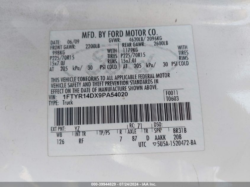 2009 Ford Ranger Xl/Xlt VIN: 1FTYR14DX9PA54020 Lot: 39944829