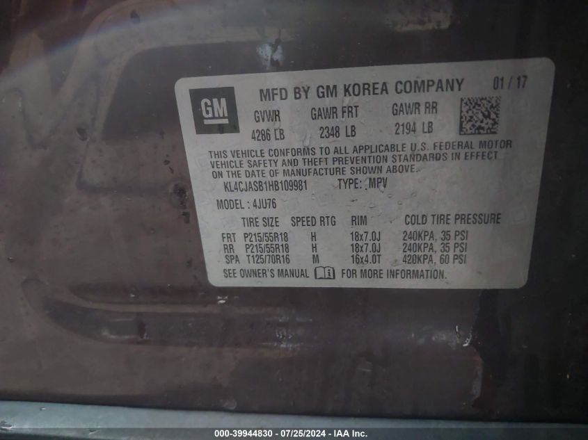 2017 Buick Encore Preferred VIN: KL4CJASB1HB109981 Lot: 39944830