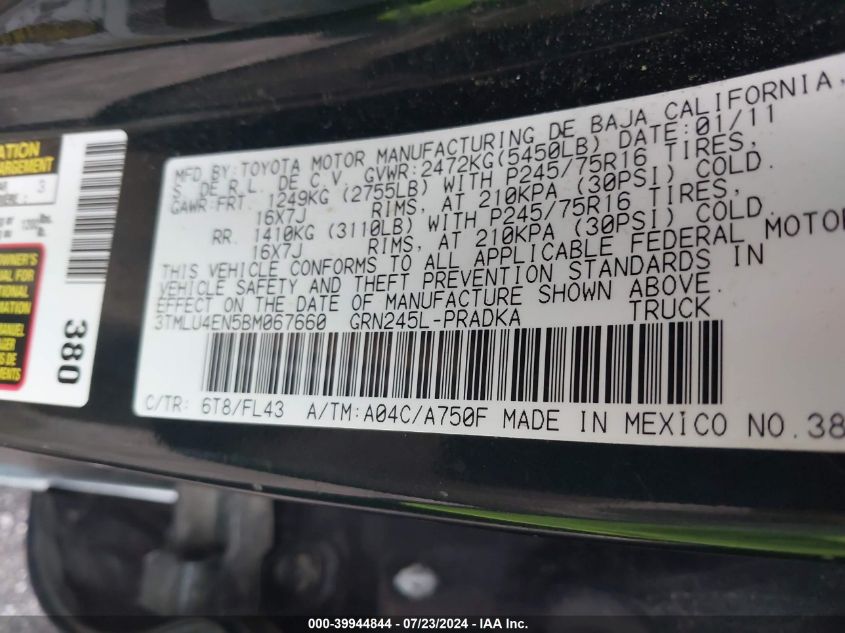 2011 Toyota Tacoma Base V6 VIN: 3TMLU4EN5BM067660 Lot: 39944844