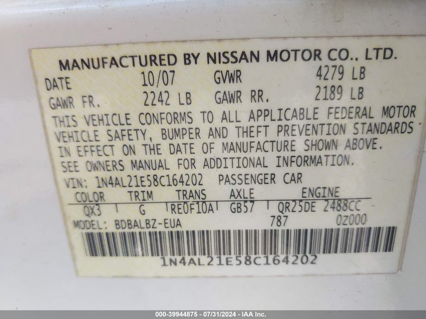 2008 Nissan Altima 2.5 S VIN: 1N4AL21E58C164202 Lot: 39944875