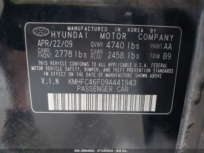 2009 Hyundai Azera Limited VIN: KMHFC46F09A441943 Lot: 39944882