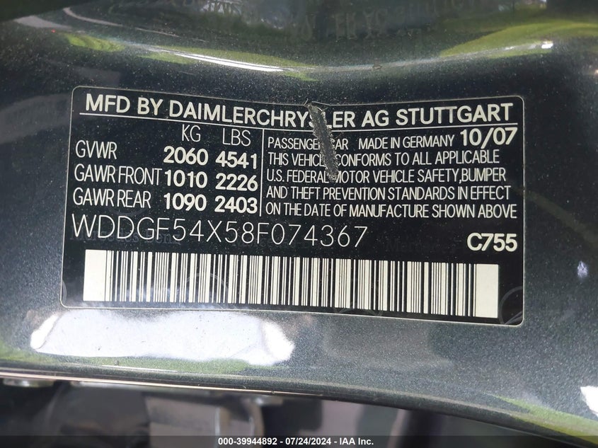 2008 Mercedes-Benz C 300 VIN: WDDGF54X58F074367 Lot: 39944892