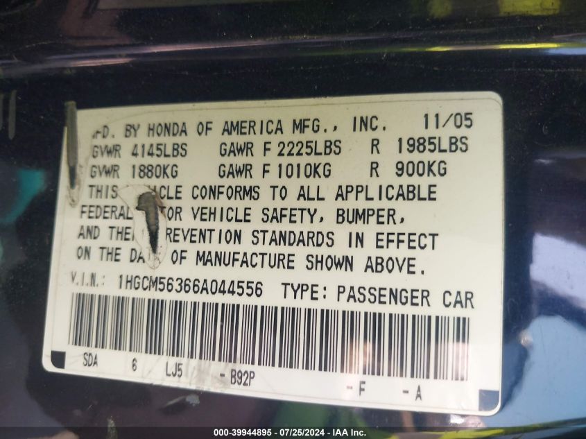 2006 Honda Accord Se VIN: 1HGCM56366A044556 Lot: 39944895