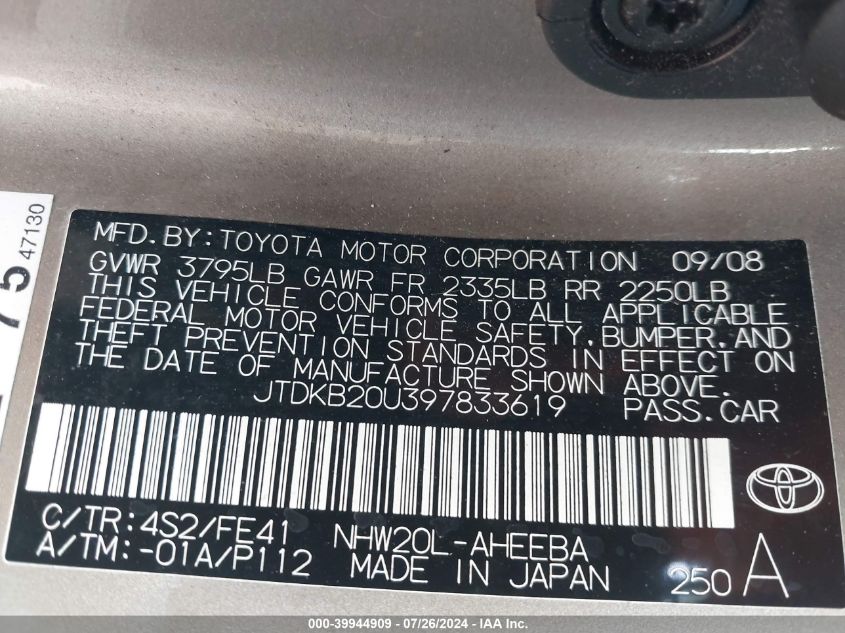 2009 Toyota Prius VIN: JTDKB20U397833619 Lot: 39944909