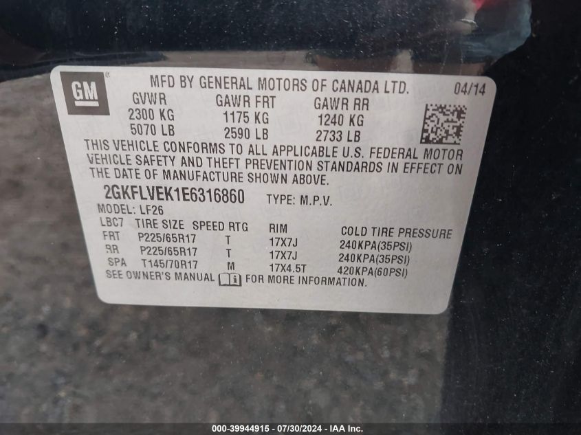 2014 GMC Terrain Sle-1 VIN: 2GKFLVEK1E6316860 Lot: 39944915