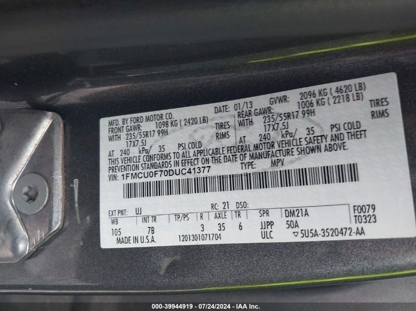 2013 Ford Escape S VIN: 1FMCU0F70DUC41377 Lot: 39944919