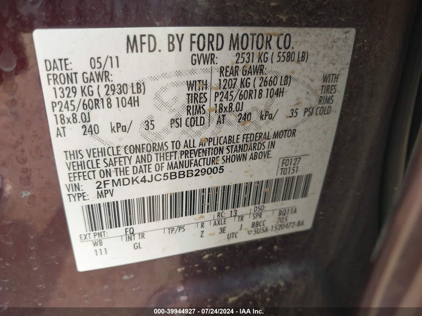 2011 Ford Edge Sel VIN: 2FMDK4JC5BBB29005 Lot: 39944927