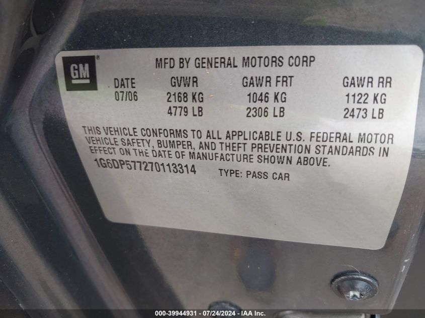 2007 Cadillac Cts Standard VIN: 1G6DP577270113314 Lot: 39944931