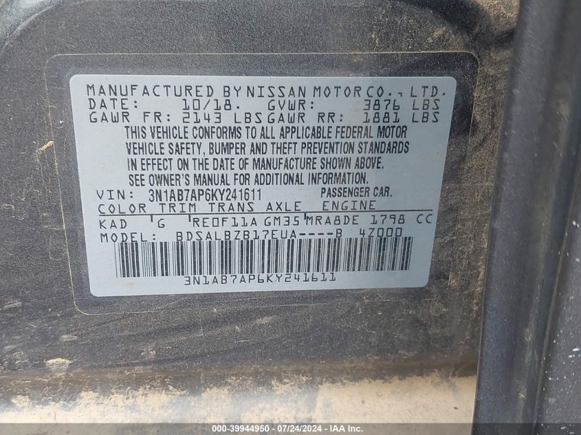 3N1AB7AP6KY241611 | 2019 NISSAN SENTRA