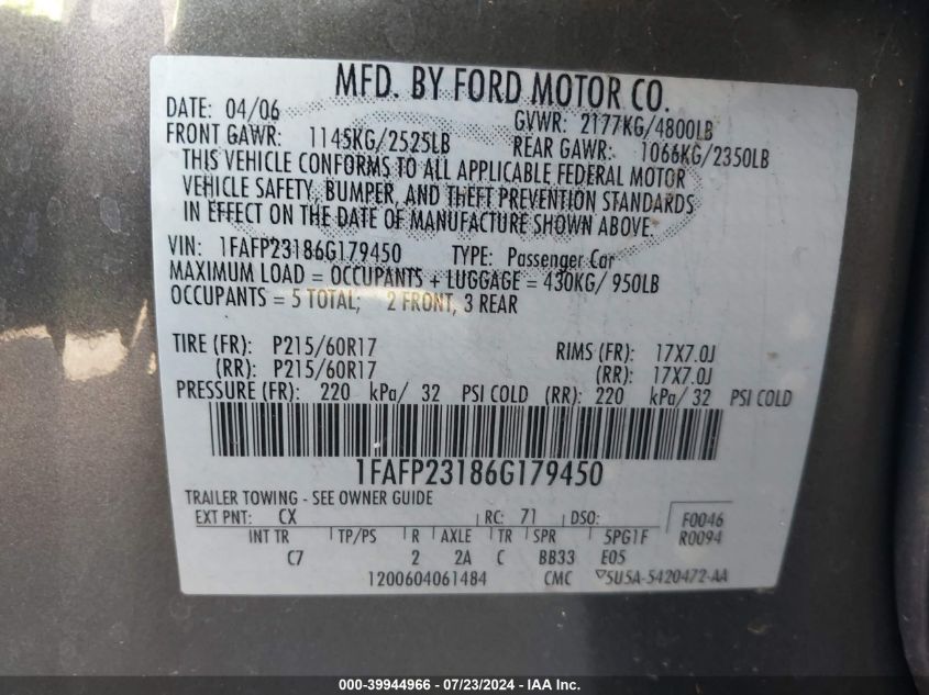 2006 Ford Five Hundred Se VIN: 1FAFP23186G179450 Lot: 39944966