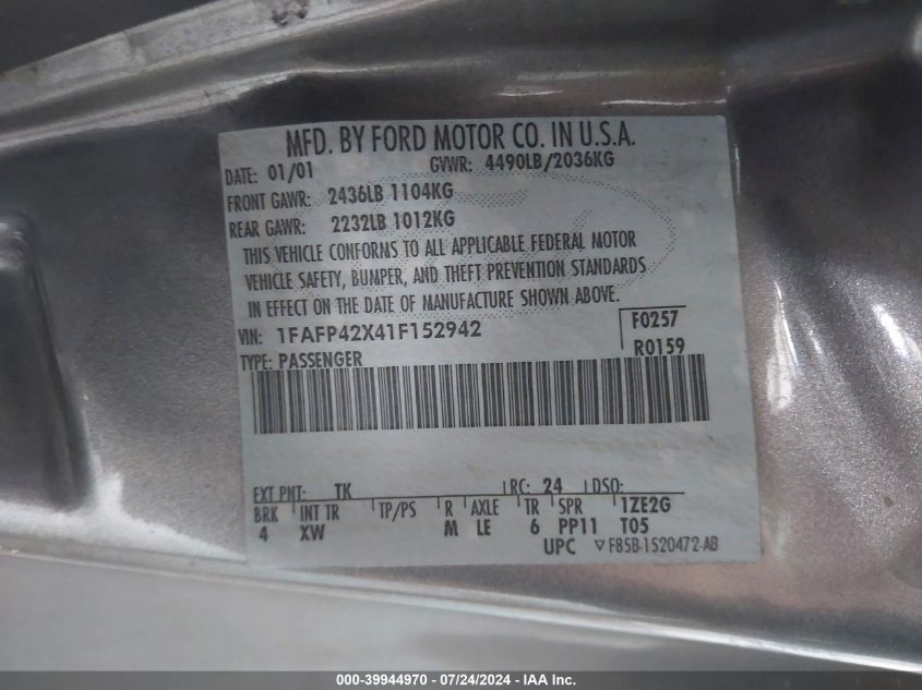 2001 Ford Mustang Gt VIN: 1FAFP42X41F152942 Lot: 39944970