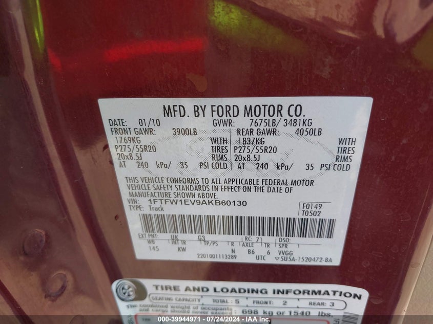 2010 Ford F-150 Fx4/Harley-Davidson/King Ranch/Lariat/Platinum/Xl/Xlt VIN: 1FTFW1EV9AKB60130 Lot: 39944971