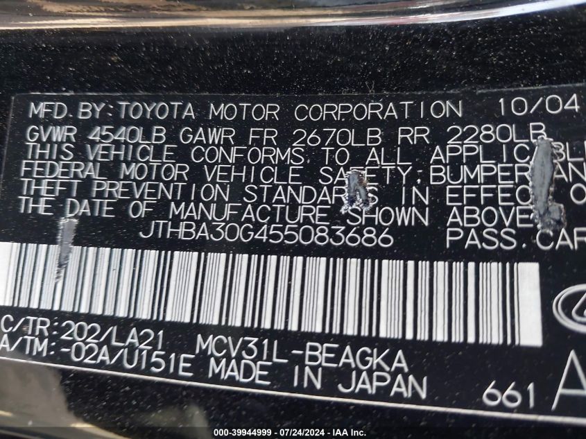 2005 Lexus Es 330 VIN: JTHBA30G455083686 Lot: 39944999