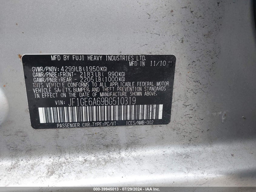 2011 Subaru Impreza 2.5I VIN: JF1GE6A69BG510319 Lot: 39945013