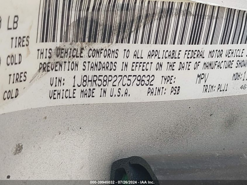 2007 Jeep Grand Cherokee Limited VIN: 1J8HR58P27C579632 Lot: 39945032