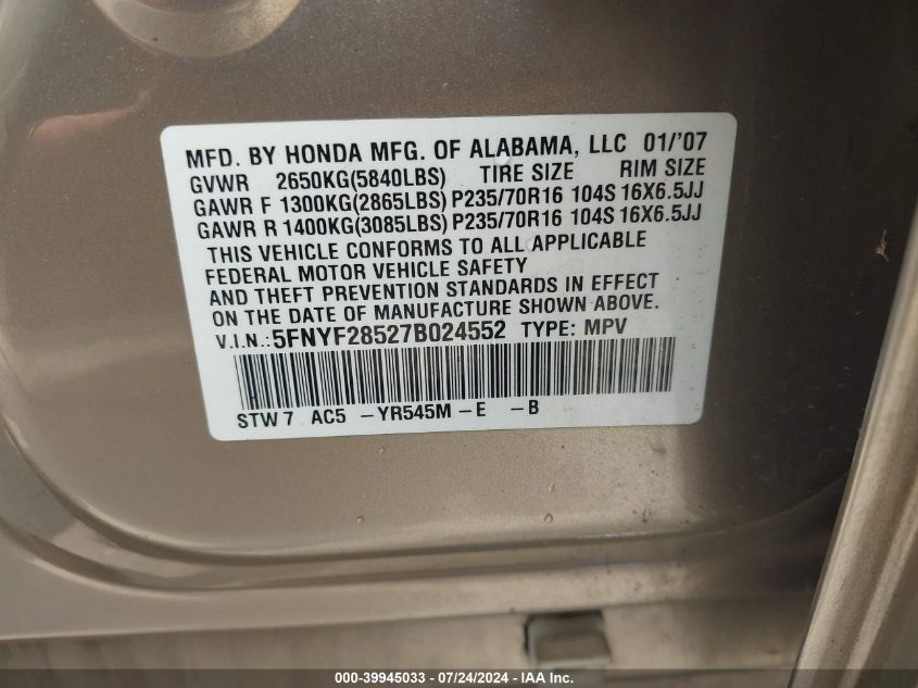 2007 Honda Pilot Ex-L VIN: 5FNYF28527B024552 Lot: 39945033