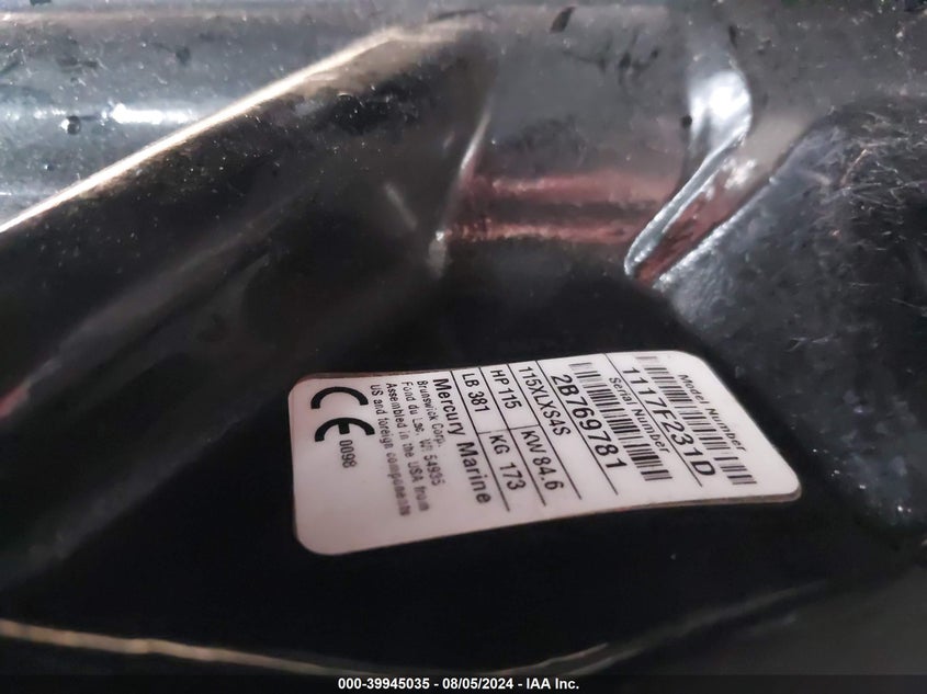 2021 Mercury 115 Pro Xs VIN: 115EXLPTSERIALNO2 Lot: 39945035