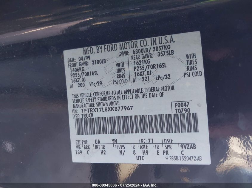 1999 Ford F-150 Lariat/Xl/Xlt VIN: 1FTRX17L8XKB77967 Lot: 39945036