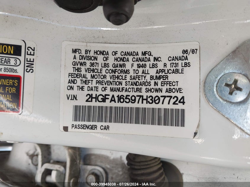 2007 Honda Civic Lx VIN: 2HGFA16597H307724 Lot: 39945038