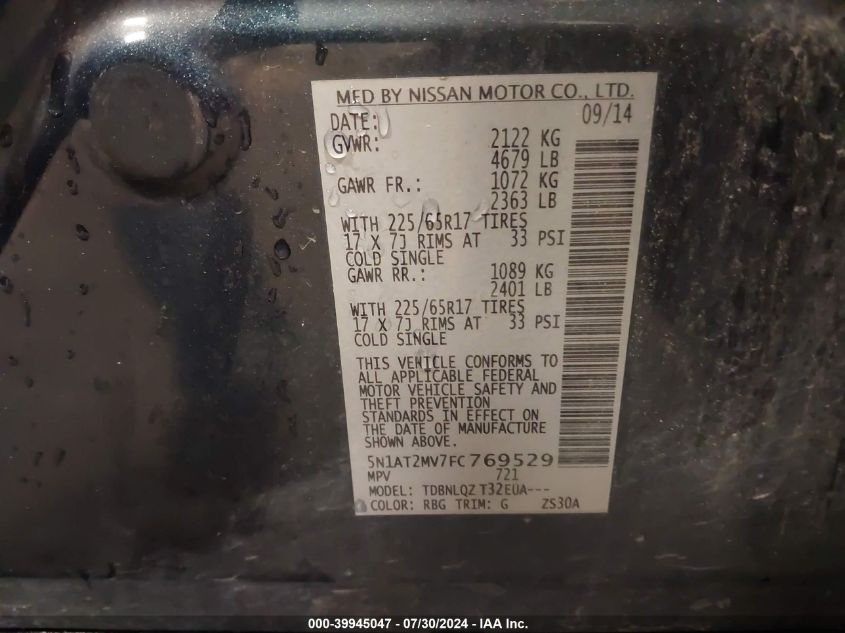 2015 Nissan Rogue Sv VIN: 5N1AT2MV7FC769529 Lot: 39945047