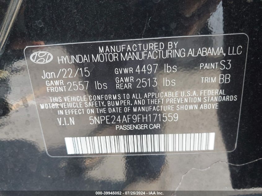 2015 Hyundai Sonata Se VIN: 5NPE24AF9FH171559 Lot: 39945052