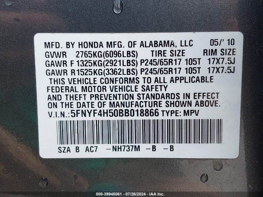 2011 Honda Pilot Ex-L VIN: 5FNYF4H50BB018866 Lot: 39945061