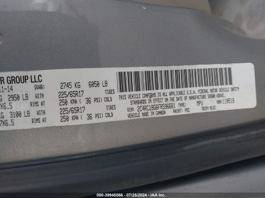 2015 Chrysler Town & Country Touring VIN: 2C4RC1BG6FR596681 Lot: 39945066