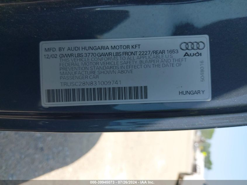 2003 Audi Tt 1.8L VIN: TRUSC28N831009741 Lot: 39945073