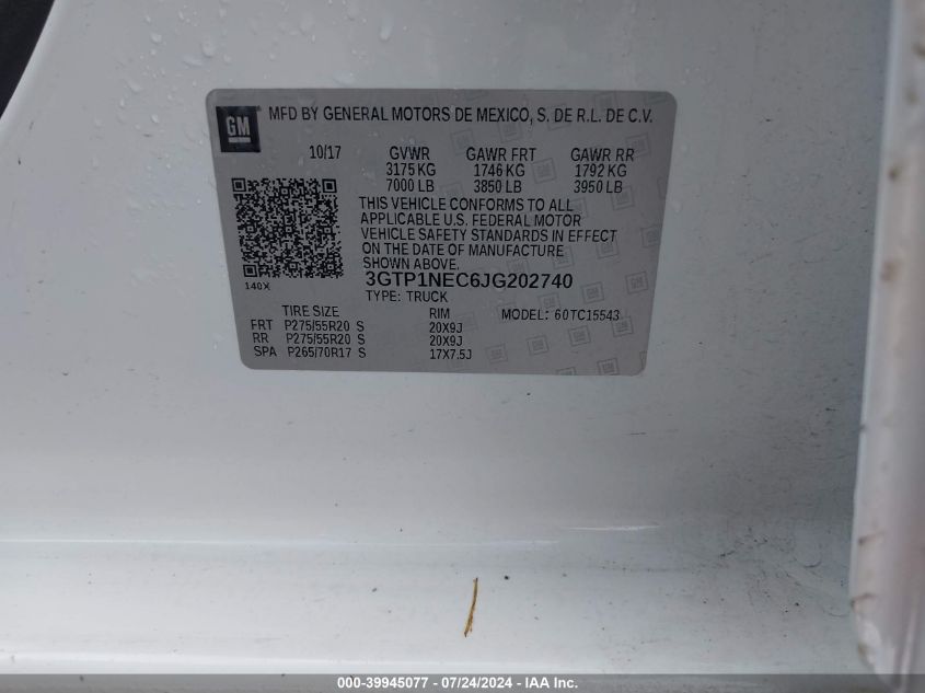 2018 GMC Sierra 1500 Slt VIN: 3GTP1NEC6JG202740 Lot: 39945077