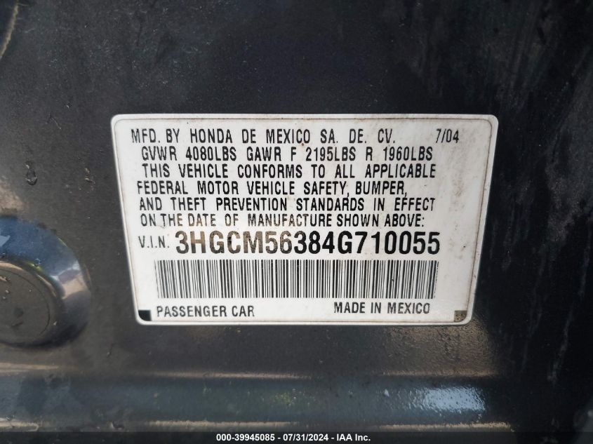 2004 Honda Accord 2.4 Lx VIN: 3HGCM56384G710055 Lot: 39945085